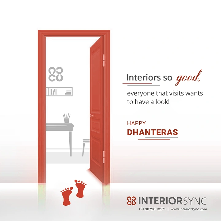 Dhanteras creative ad: Open red door with Lakshmi footprints entering a room