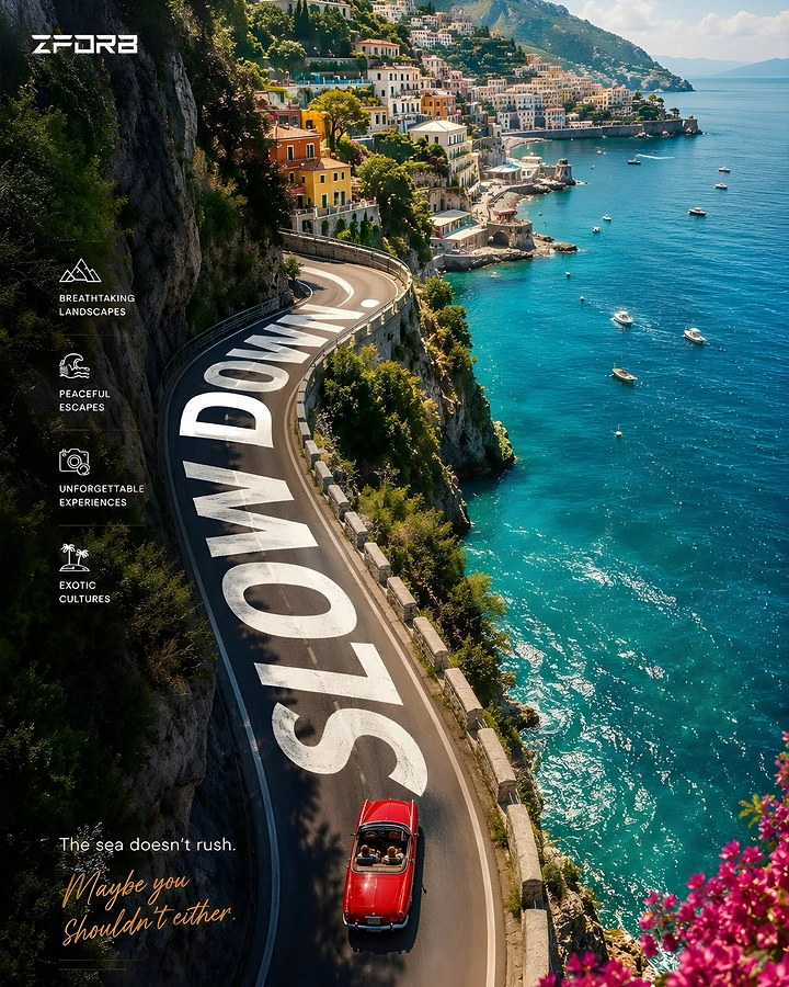 Travel creative ad: Aerial view of a cliffside coastal road painted with giant words and a red vintage convertible