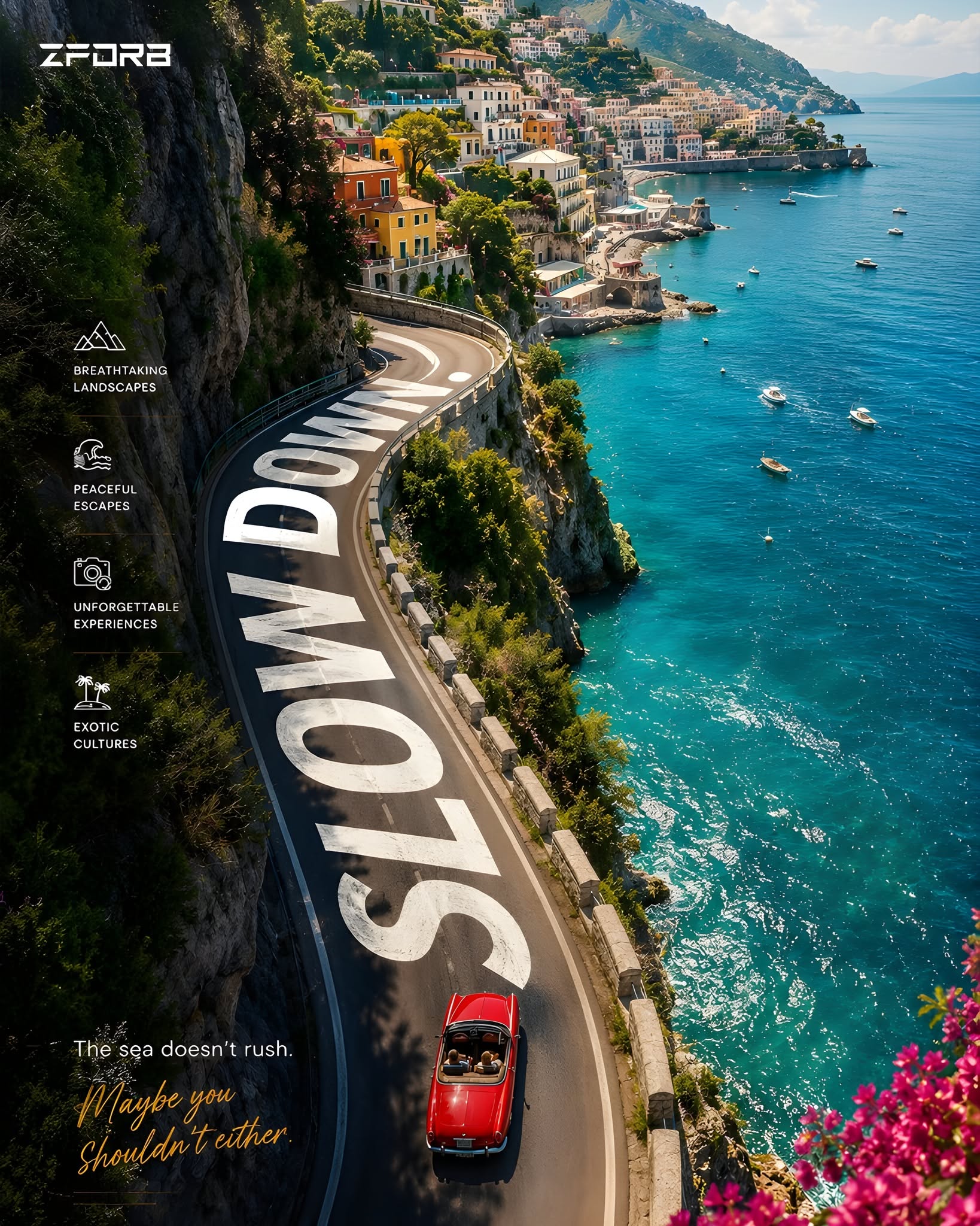 Aerial view of a cliffside coastal road painted with giant words and a red vintage convertible