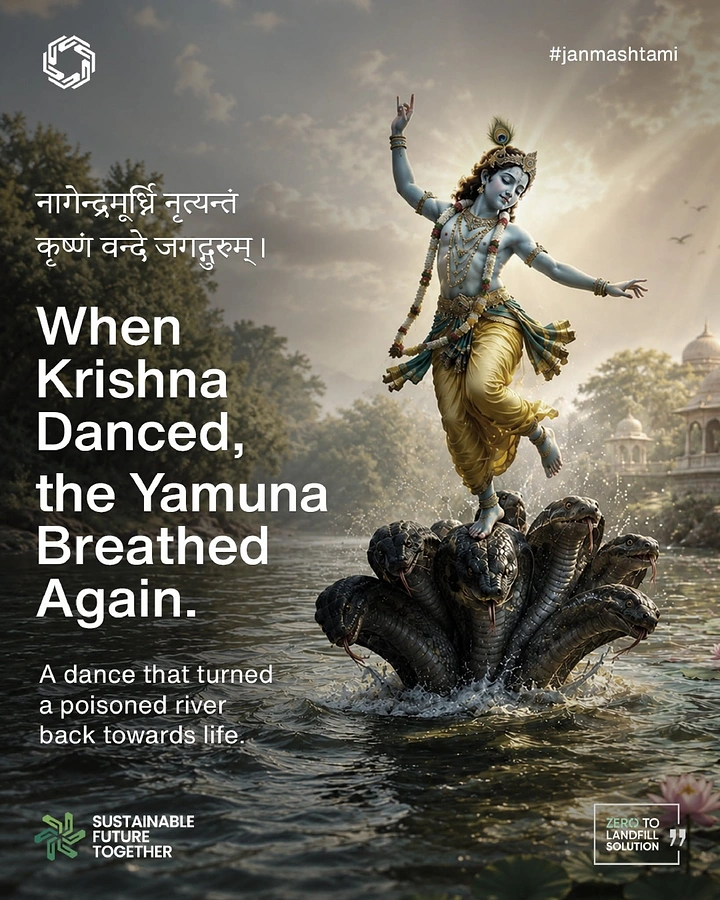 Janmashtami creative ad: Krishna dancing on multi-headed serpent in river