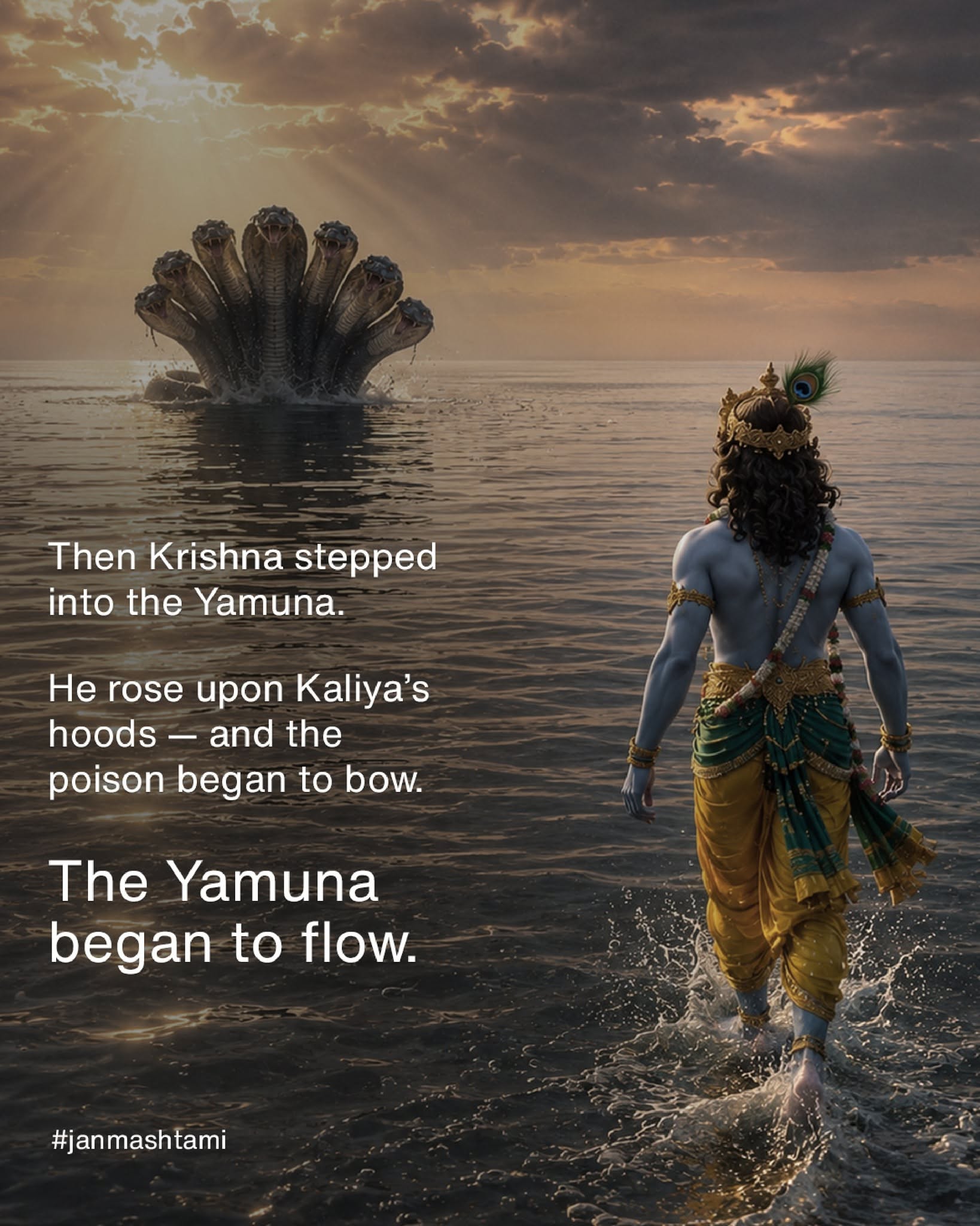 Krishna dancing on multi-headed serpent in river