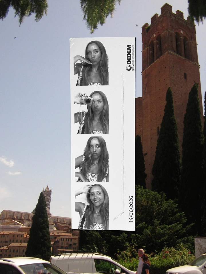 Photo Booth Rentals creative ad: Giant portrait strip transforms historic architecture