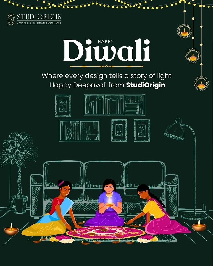 Diwali creative ad: Three women making a floral rangoli with diyas in a sketched living room