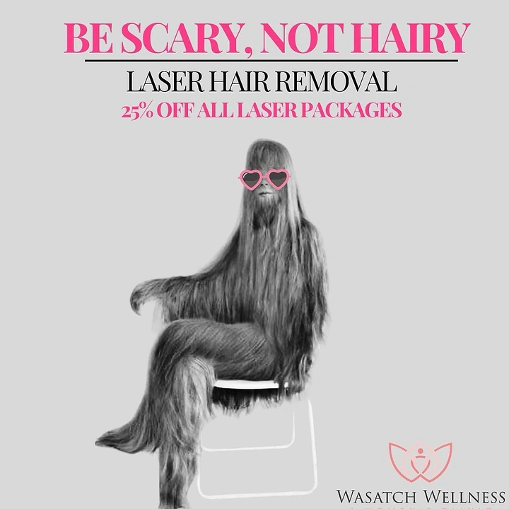 Skin & Cosmetic Clinics creative ad: Cousin Itt pun 'Be scary, not hairy'