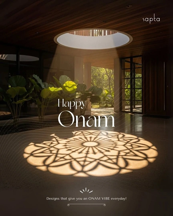 Onam creative ad: Pookalam-shaped sunlight pattern on floor of modern home