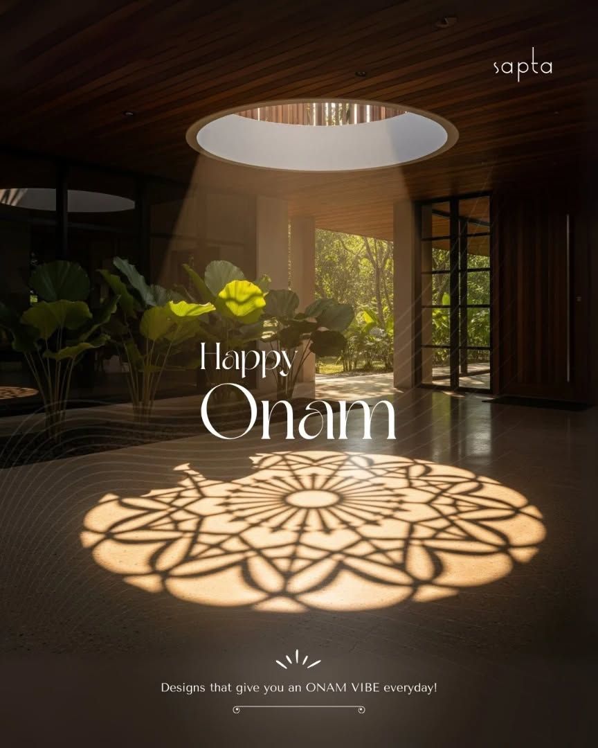 Pookalam-shaped sunlight pattern on floor of modern home