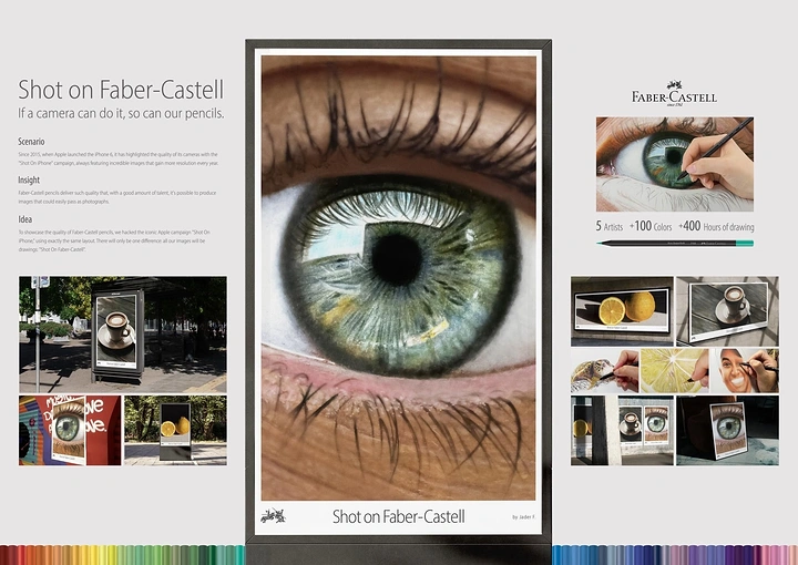 Art Supplies creative ad: Hyperrealistic colored-pencil drawing of a green eye on a billboard