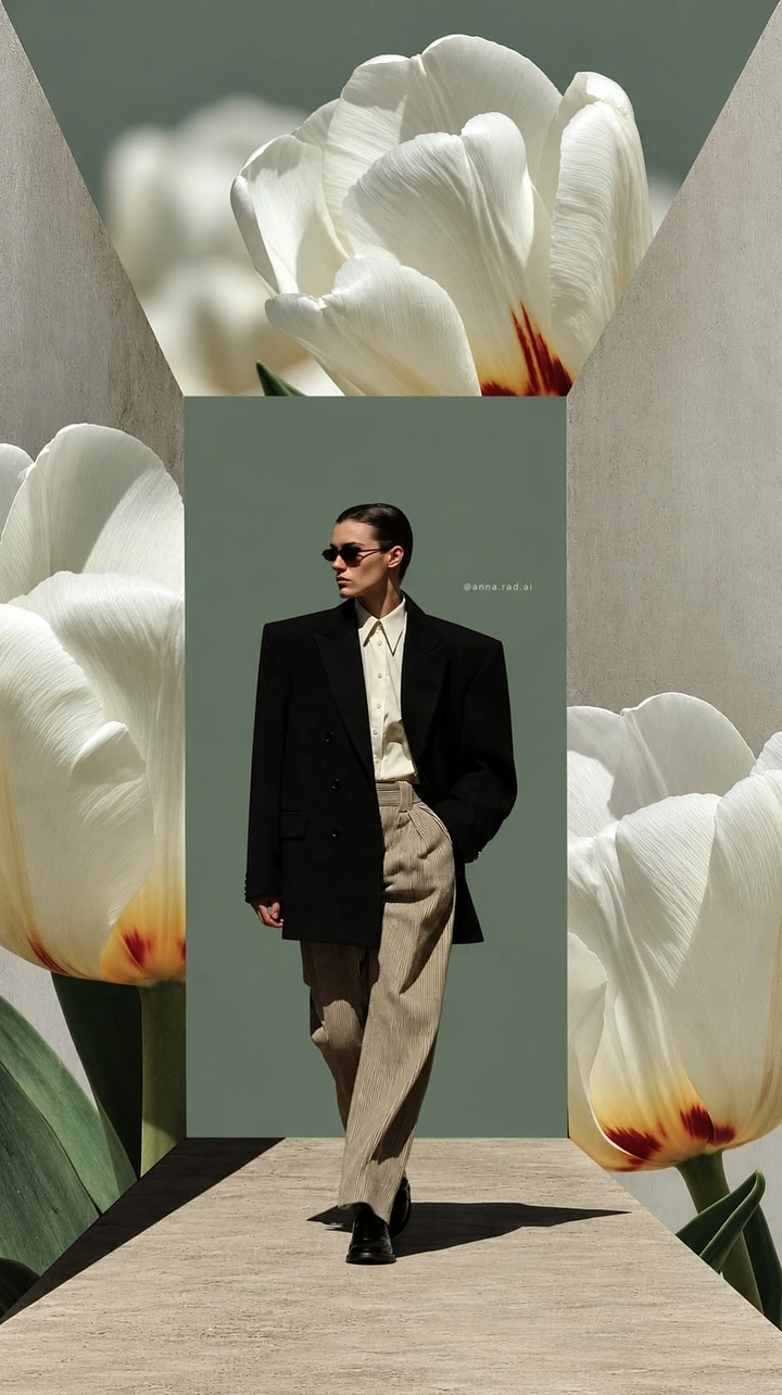 Men's Suits & Formal Wear creative ad: Suit portrait staged within oversized flowers