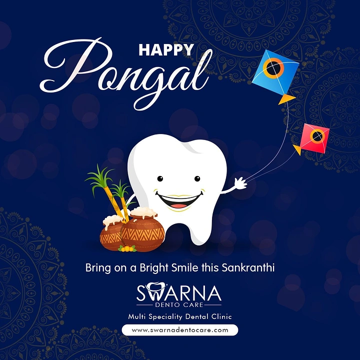 pongal creative ad: Smiling tooth mascot flying kites beside pongal pots and sugarcane