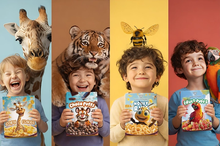 Breakfast Cereals & Oats creative ad: Playful animal-headed character campaign