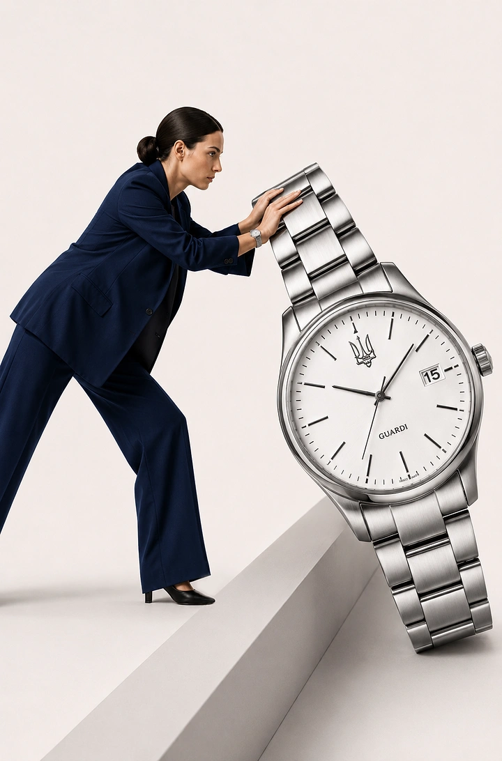 Creative ad: Woman in navy suit pushing a giant steel wristwatch