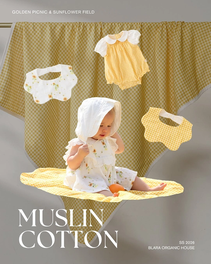 Kids Clothing creative ad: Floating bibs, fabric-cut collage editorial
