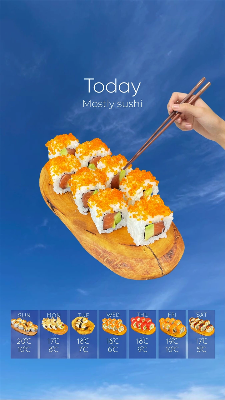 Sushi & Japanese Restaurants creative ad: Weather forecast reframed as sushi craving
