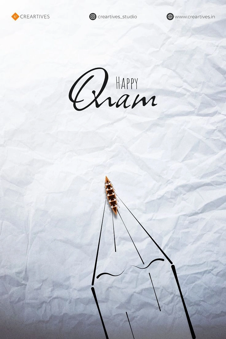Onam creative ad: Tiny snake boat forming the tip of a line-drawn pencil