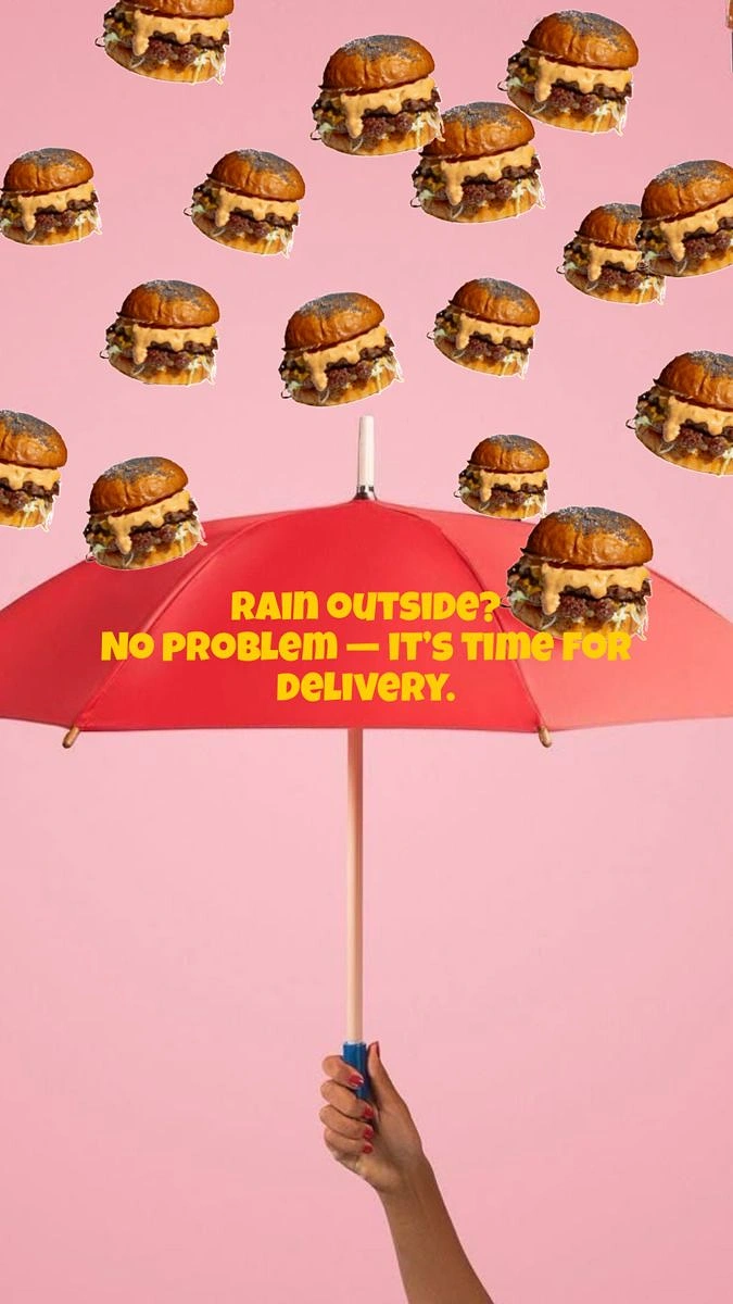 Food Delivery Apps creative ad: Burger rain turns delivery into weather joke