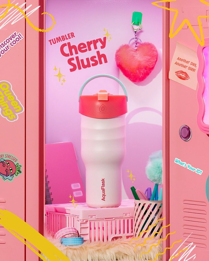 Tumblers, Flasks & Drinkware creative ad: Cherry-slush vending-machine product world
