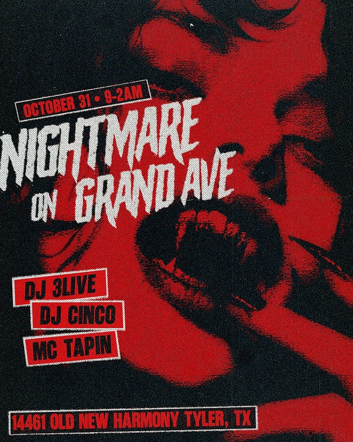 Halloween creative ad: Close-up of a screaming woman with vampire fangs in red duotone