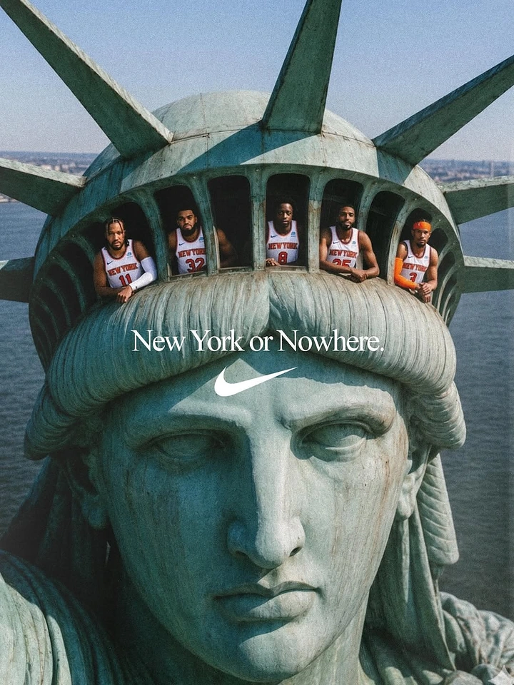 Activewear & Gym Wear creative ad: Basketball team peering out of the Statue of Liberty crown windows