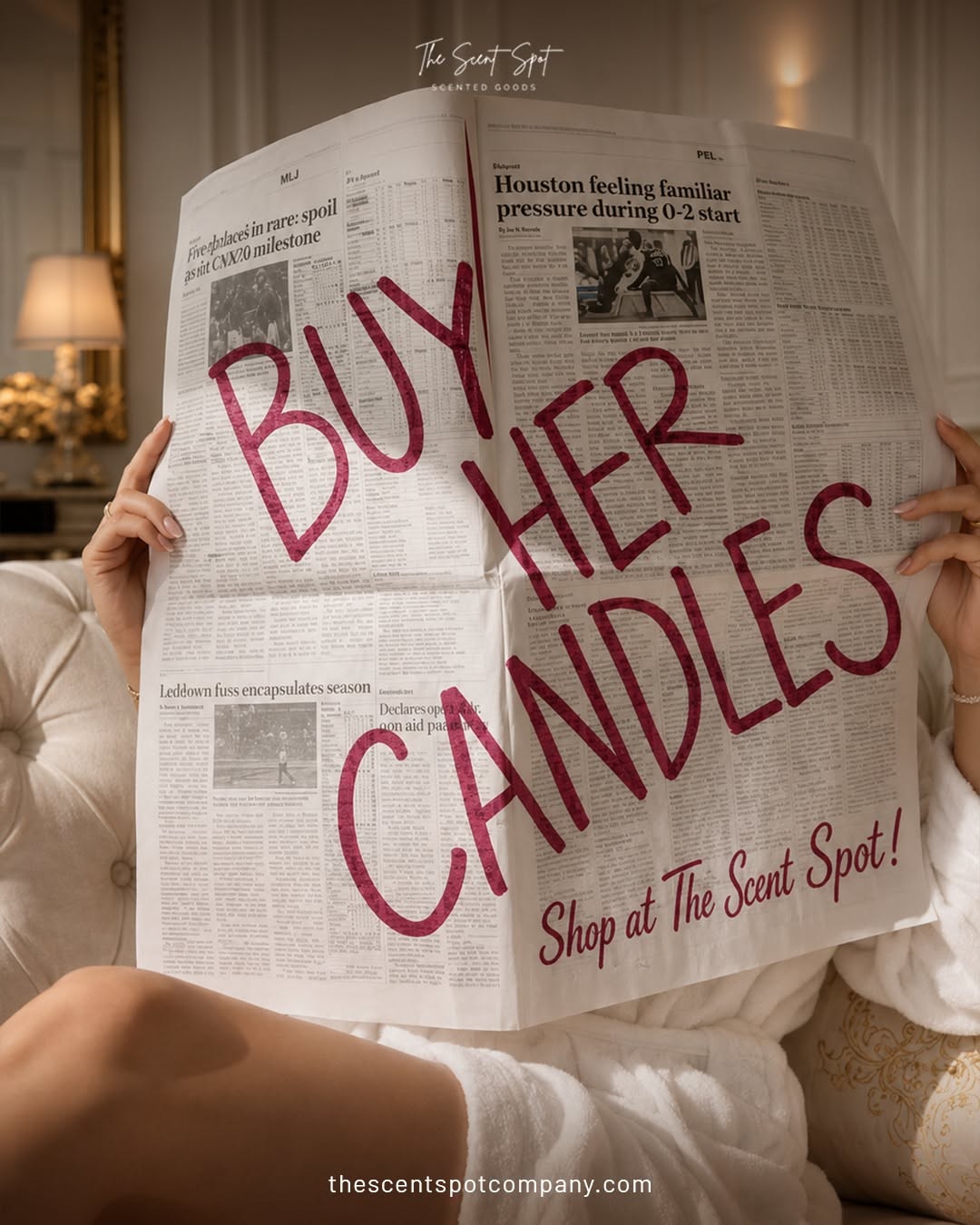 Instagram post: Woman in a bathrobe hiding behind an open newspaper covered in painted lettering