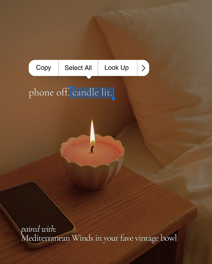 Candles & Home Fragrance creative ad: Text-selection UI highlights 'candle lit'