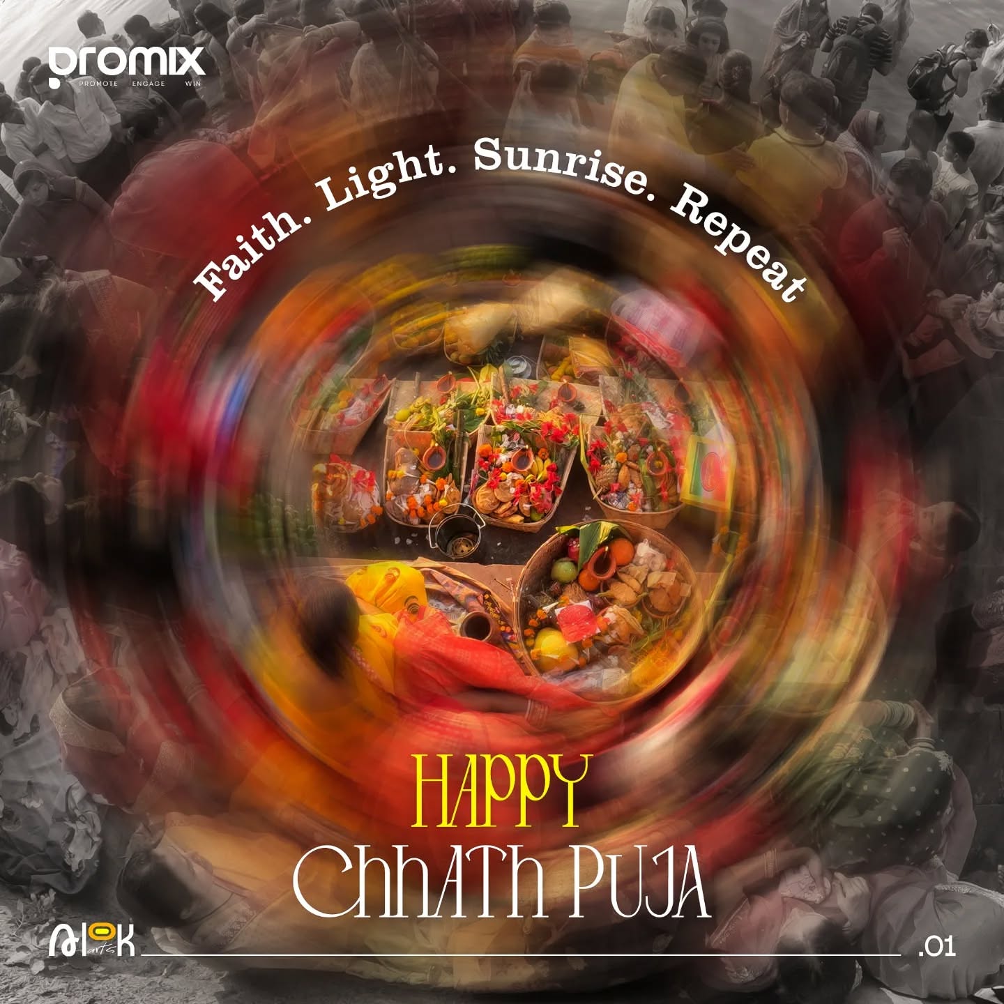 Radial-blurred overhead photo of Chhath offering baskets amid a desaturated crowd