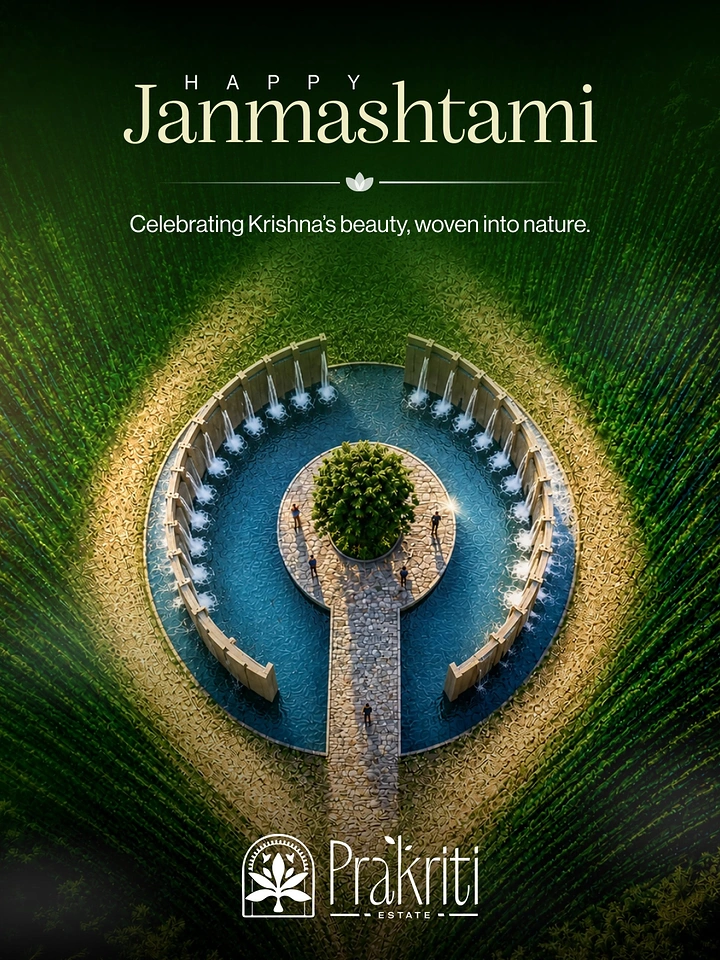 Janmashtami creative ad: Aerial view of a landscaped fountain plaza shaped like a peacock-feather eye