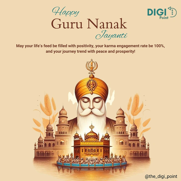 Guru Nanak Jayanti creative ad: Illustrated Guru with Golden Temple and devotees