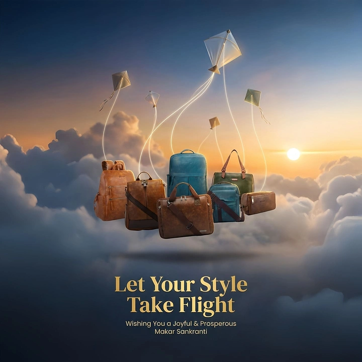 Makar Sankranti creative ad: Cluster of leather bags floating above clouds lifted by kites