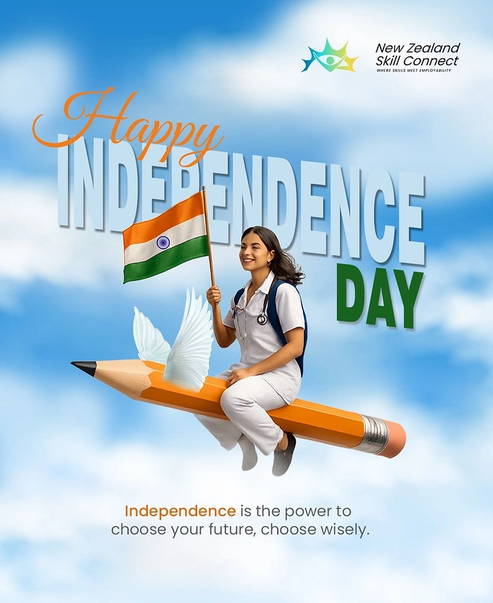 Independence Day creative ad: Young woman in nursing scrubs riding a winged flying pencil holding the Indian flag