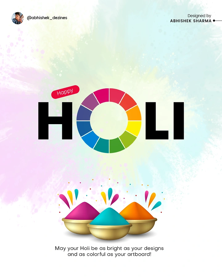 Holi creative ad: Color-wheel letter O in HOLI with three bowls of gulal