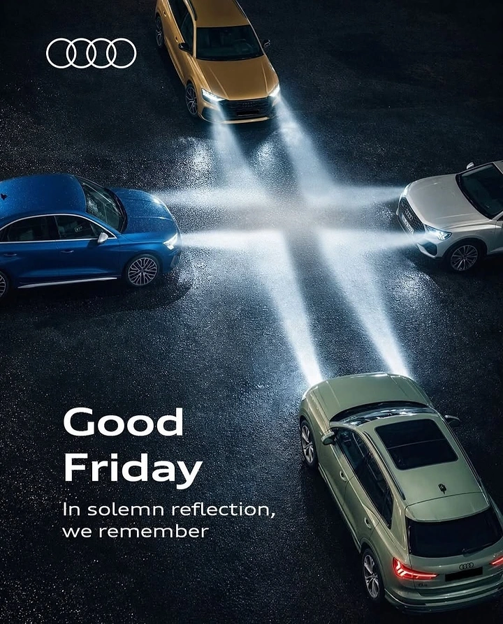 Easter creative ad: Four cars whose headlight beams form a cross