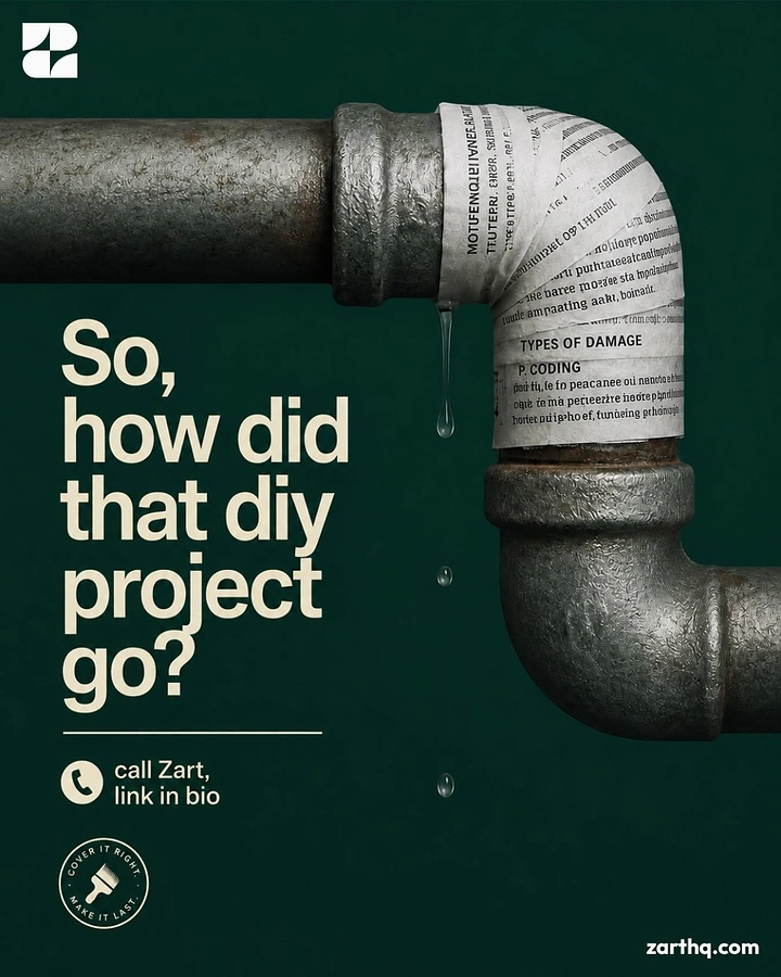 House Painters creative ad: Galvanised pipe elbow patched with newspaper and dripping water