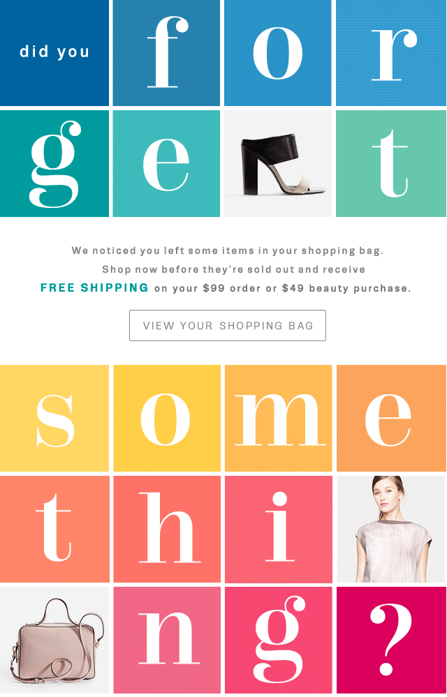 Email design: Letter-tile grid spelling a question with product tiles