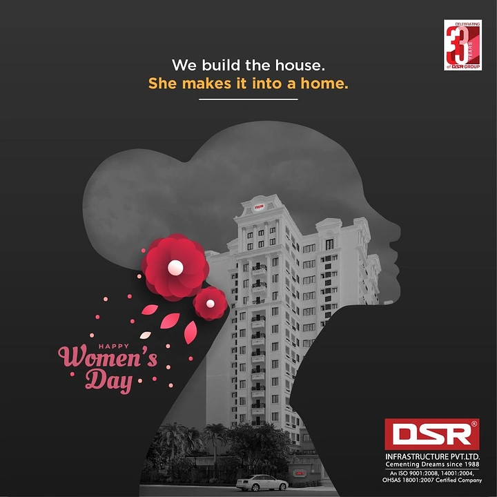 Women's Day creative ad: Woman silhouette holds building: house into home