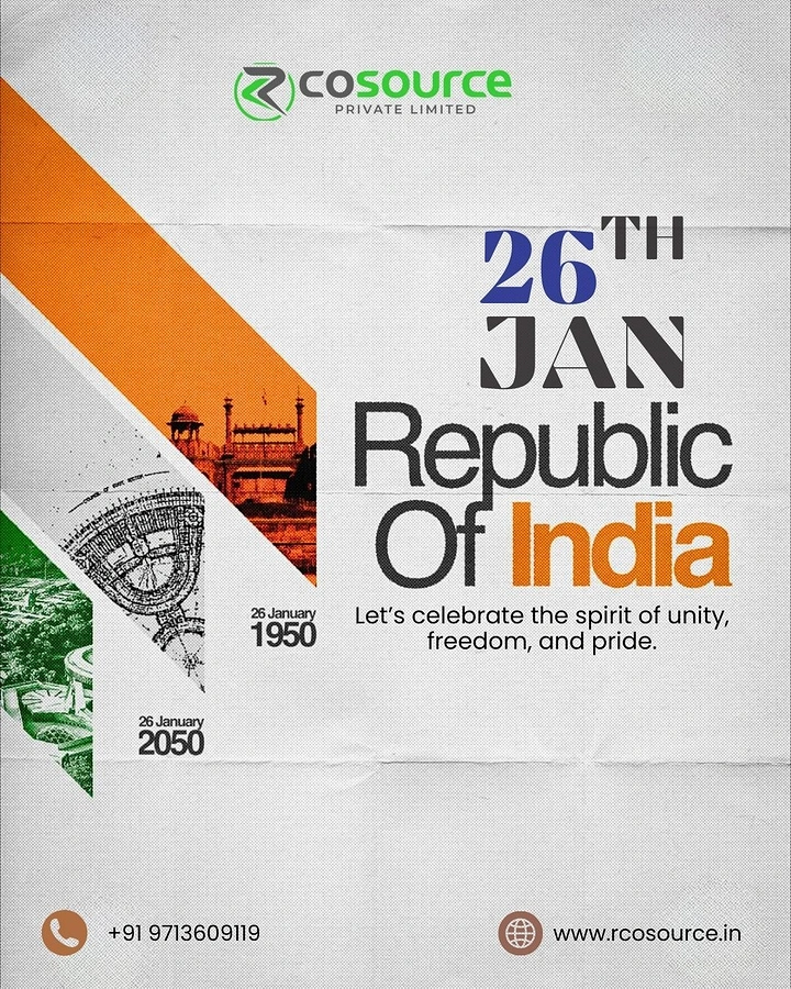 Republic Day creative ad: Diagonal tricolour strips with the Red Fort and a new-Parliament blueprint