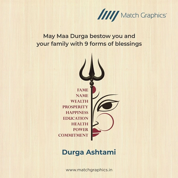 Durga Puja creative ad: Trishul forming the axis of a half Durga face with a stacked word list
