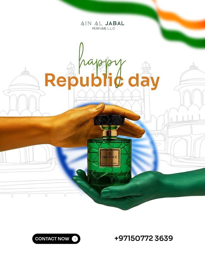 Republic Day creative ad: Saffron and green painted hands holding a green perfume bottle