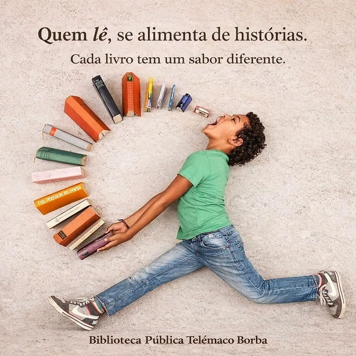 Bookstores creative ad: Child feeds on stream of books