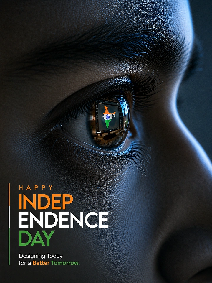 Independence Day creative ad: Macro close-up of an eye reflecting a tricolour India map on a screen