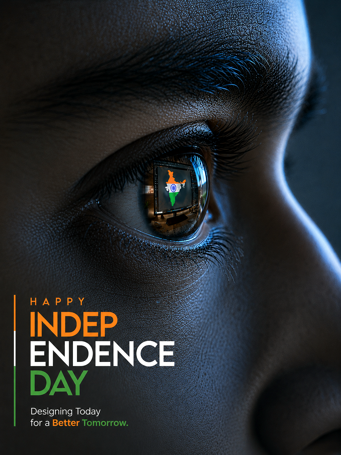 Macro close-up of an eye reflecting a tricolour India map on a screen