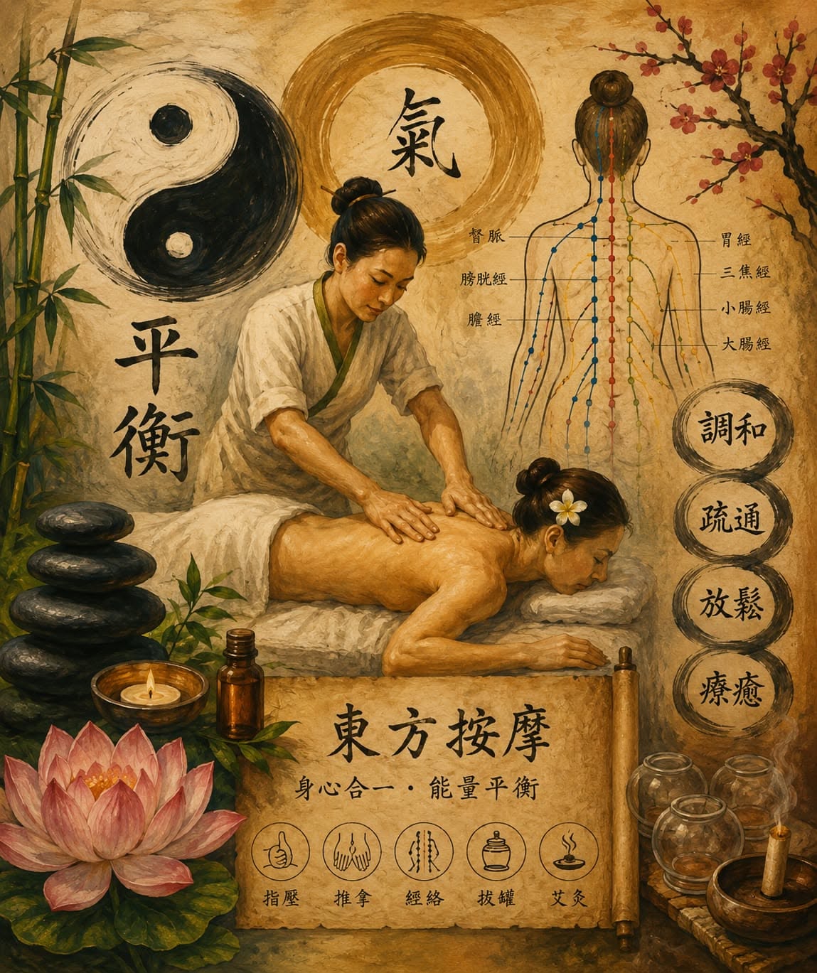 Poster: Therapist giving a back massage to a woman lying face down