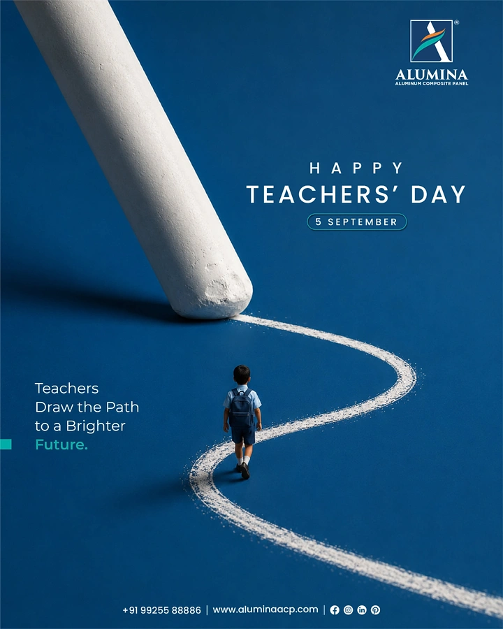 Teachers Day creative ad: Giant chalk drawing a winding path for a small schoolboy