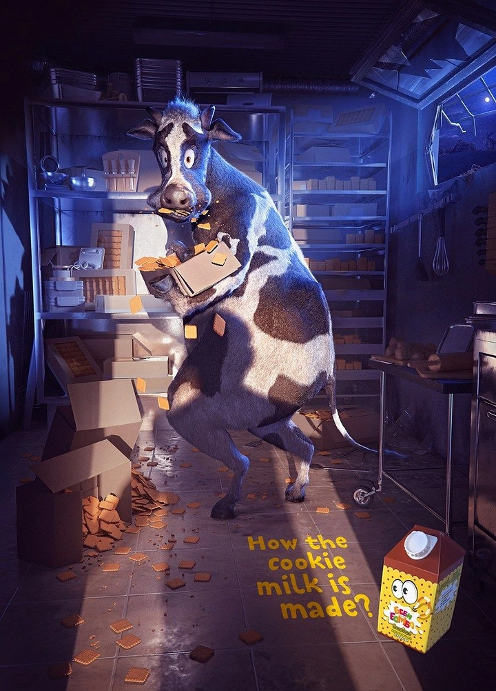 Dairy Brands creative ad: Cow crushing cookies: cookie milk pun