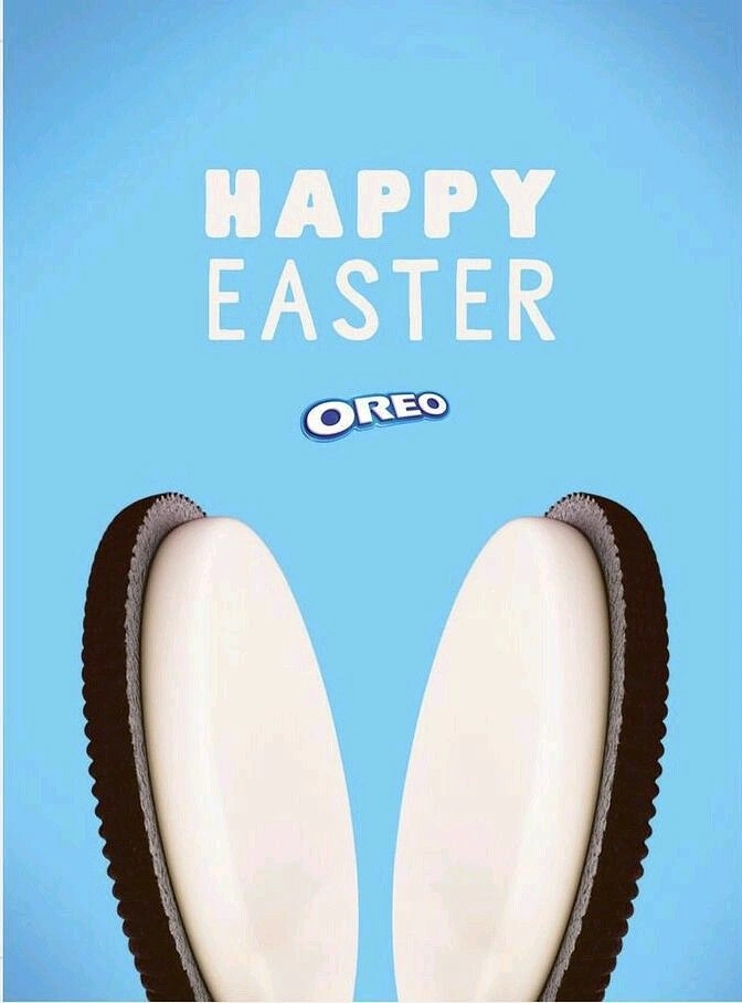 Easter creative ad: Two split cookie halves standing upright as bunny ears