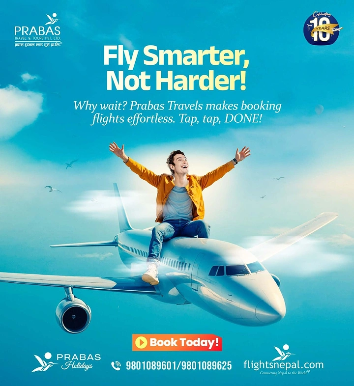 Airlines creative ad: Playful traveler rides airplane nose