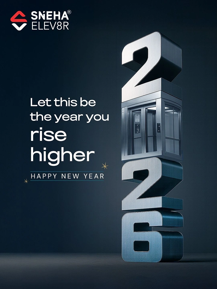 New Year creative ad: Brushed-steel 3D numerals 2026 stacked vertically, with an elevator cabin standing in for the zero