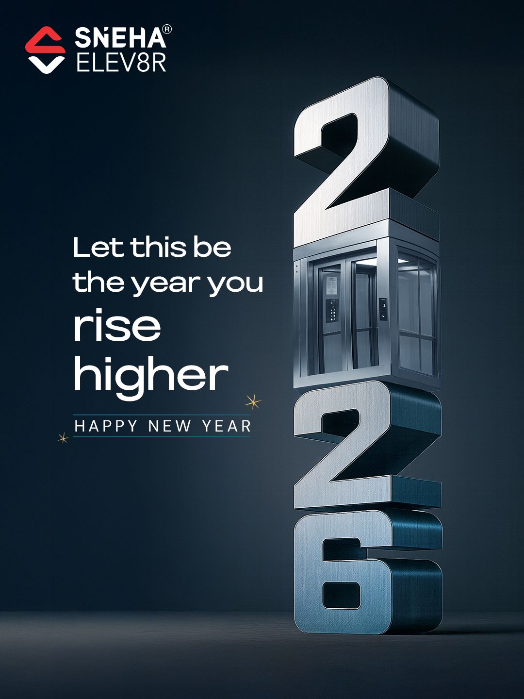 New Year Instagram post: Brushed-steel 3D numerals 2026 stacked vertically, with an elevator cabin standing in for the zero