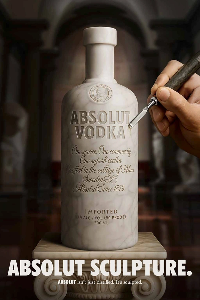 Creative ad: Vodka bottle carved from white marble, with a hand chiselling the logo