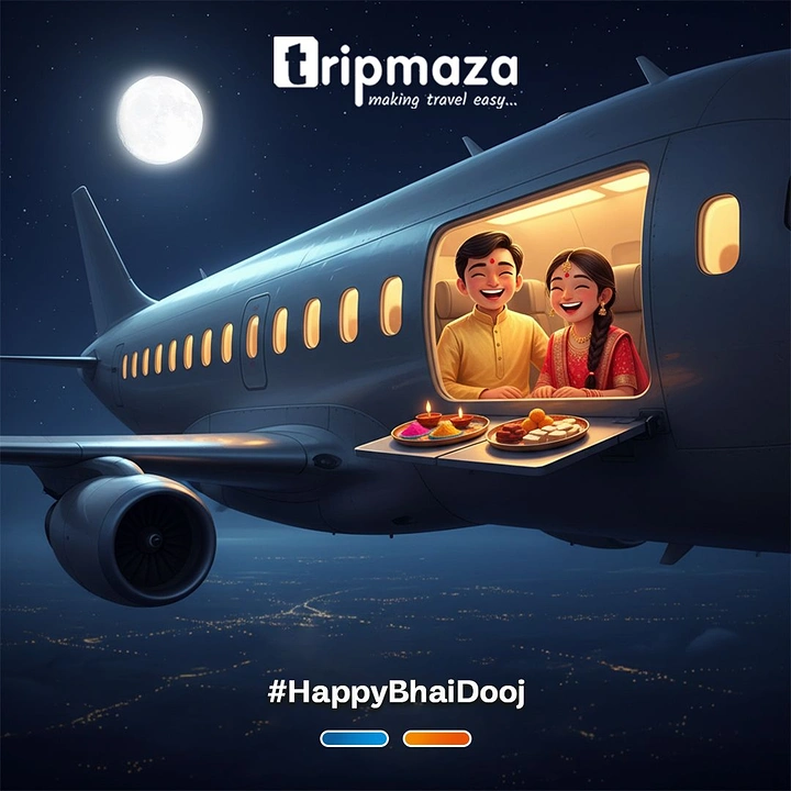 Bhai Dooj creative ad: Brother and sister laughing in an airplane window with festive thalis