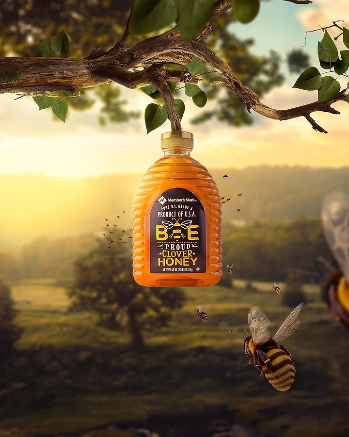 Honey Brands creative ad: Honey bottle presented like tree fruit